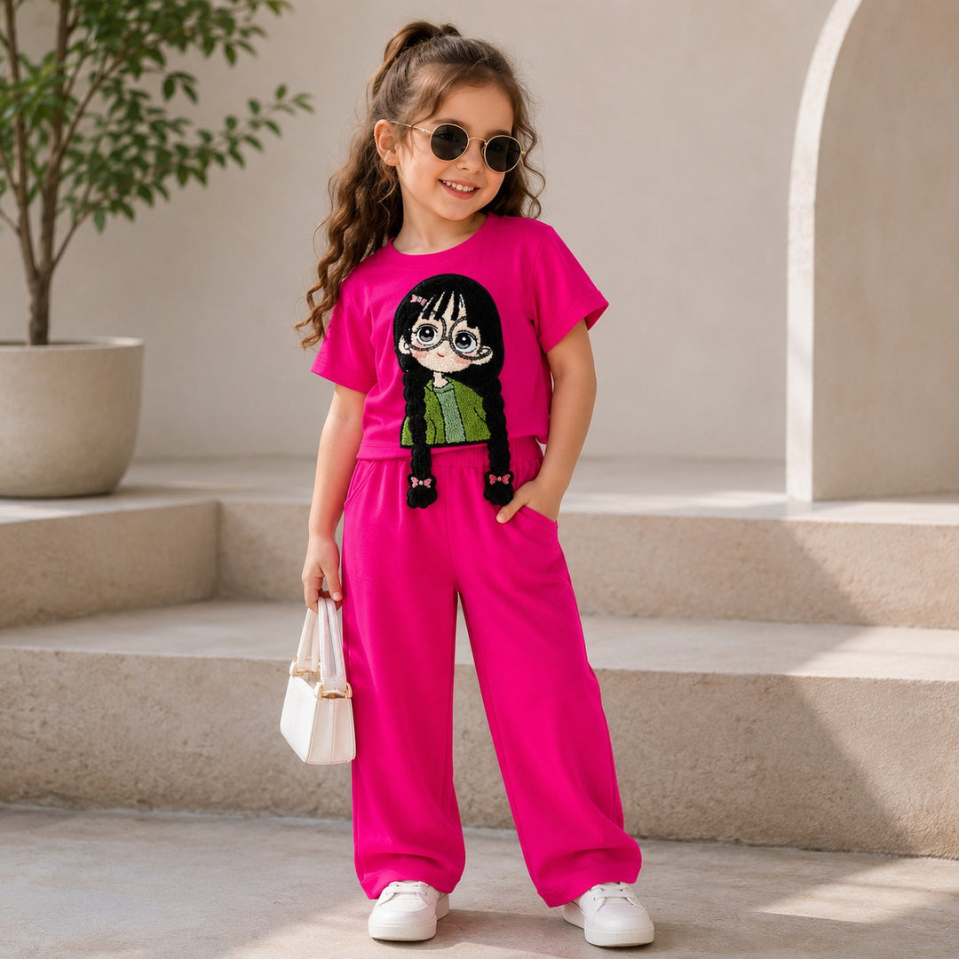 Girls Hot Pink Cartoon Applique Co-Ord Set [4C-4584] (4-12 Years)