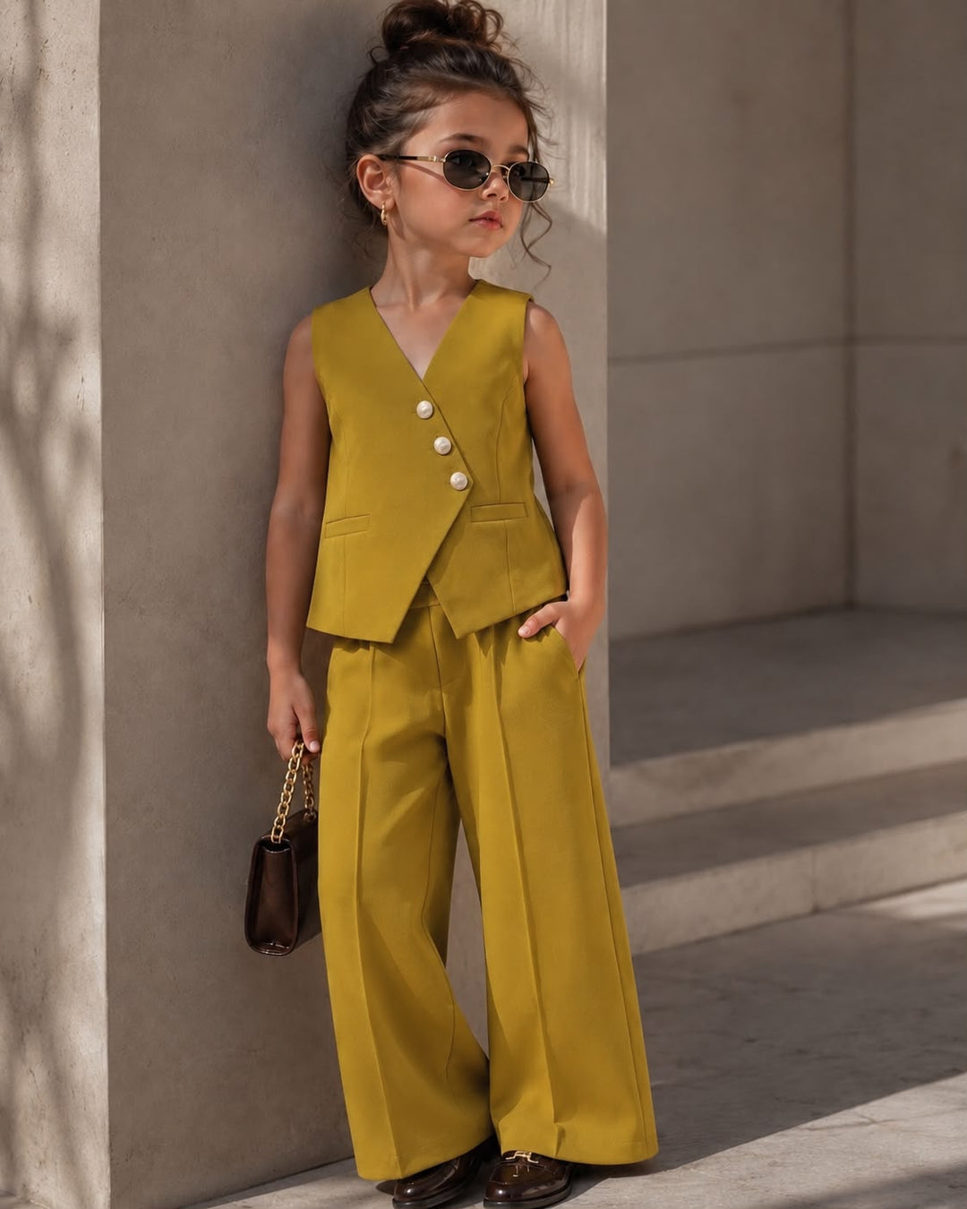 Girls Imported Mustard Yellow Waist Coat Co-ord Set [6E-8520] (4-12 Years)
