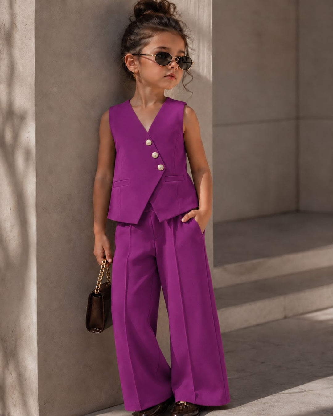 Girls Imported Magenta Waist Coat Co-ord Set [4E-1152] (4-12 Years)
