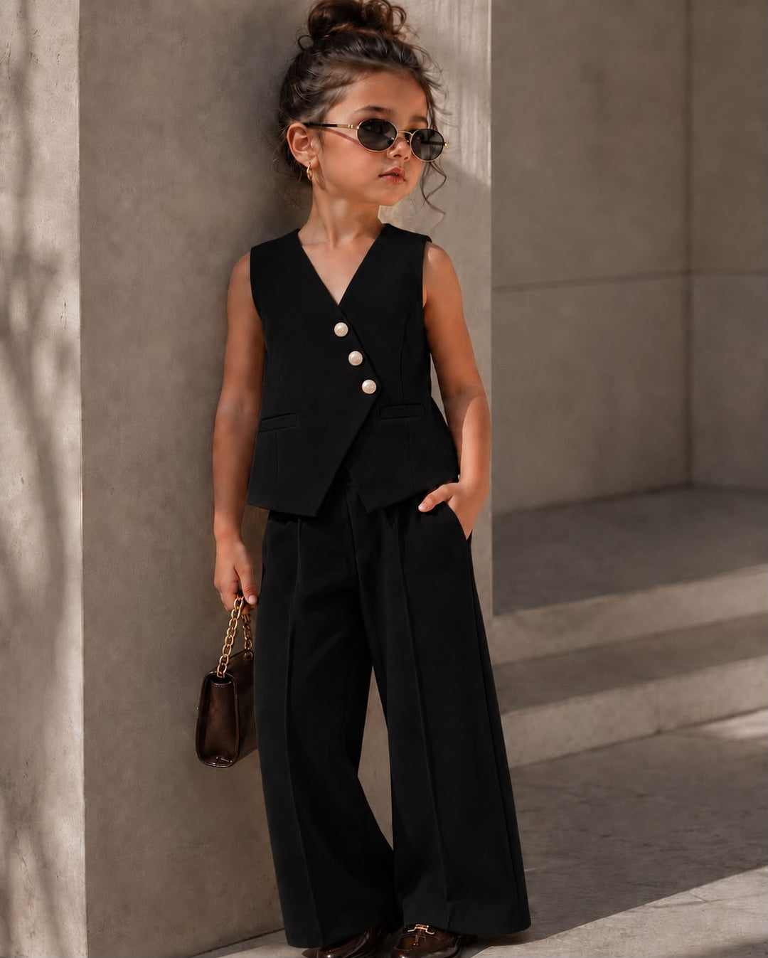 Girls Imported Black Waist Coat Co-Ord Set [1E-5054] (4-12 Years)