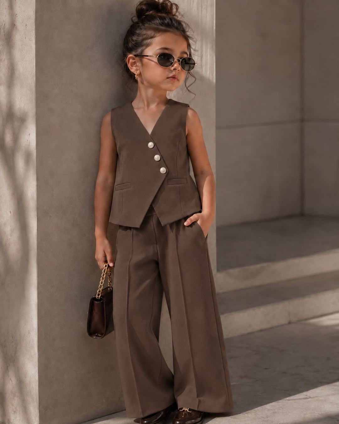 Girls Imported Brown Waist Coat Co-ord Set [2E-2580] (4-12 Years)