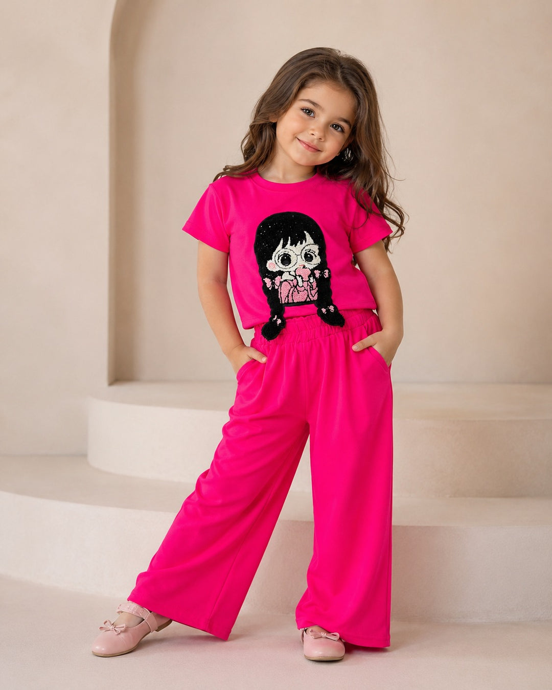 Girls Hot Pink Cartoon Applique Co-Ord Set [6F-5155] (4-12 Years)