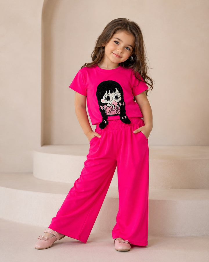 Girls Hot Pink Cartoon Applique Co-Ord Set [6F-5155] (4-12 Years)