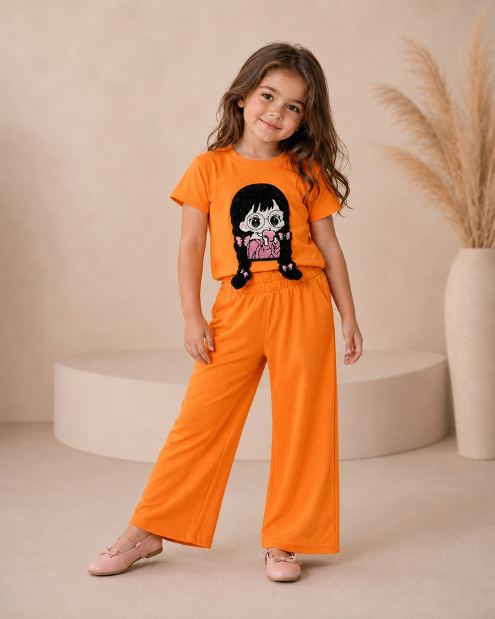 Girls Orange Cartoon Applique Co-Ord Set [GCS-5F-5366] (4-12 Years)