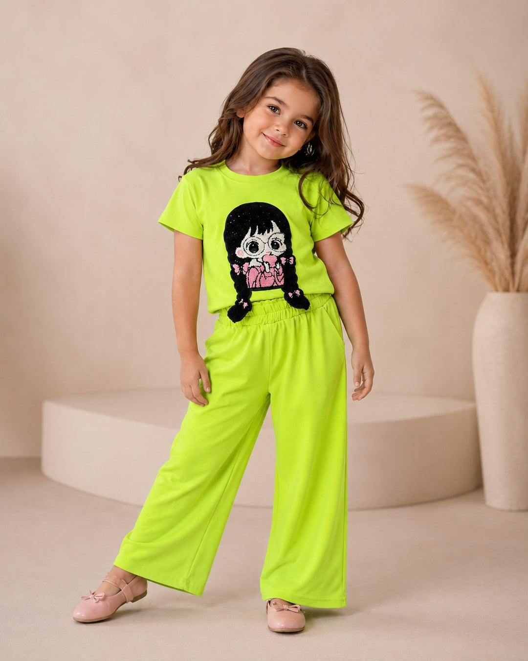 Girls Neon Green Cartoon Applique Co-Ord Set [GCS-6J-5266] (4-12 Years)