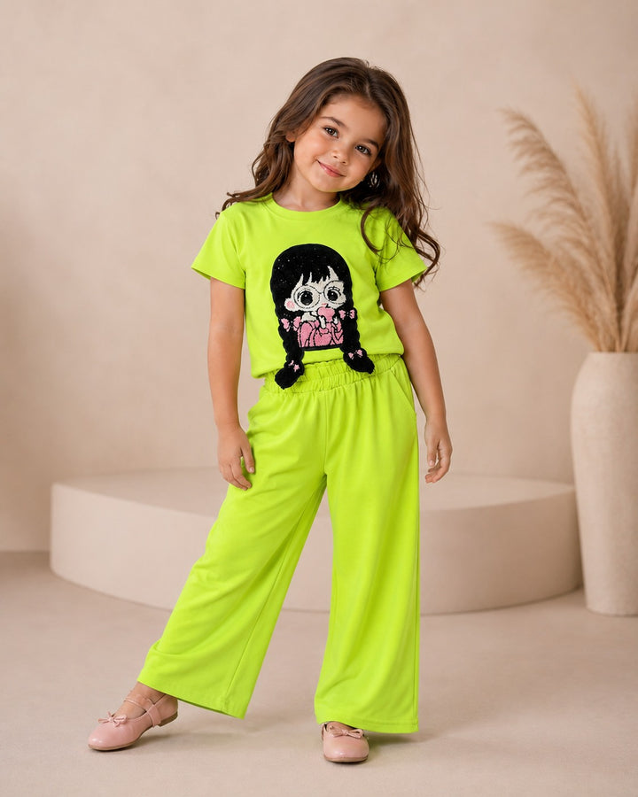 Girls Neon Green Cartoon Applique Co-Ord Set [GCS-6J-5266] (4-12 Years)