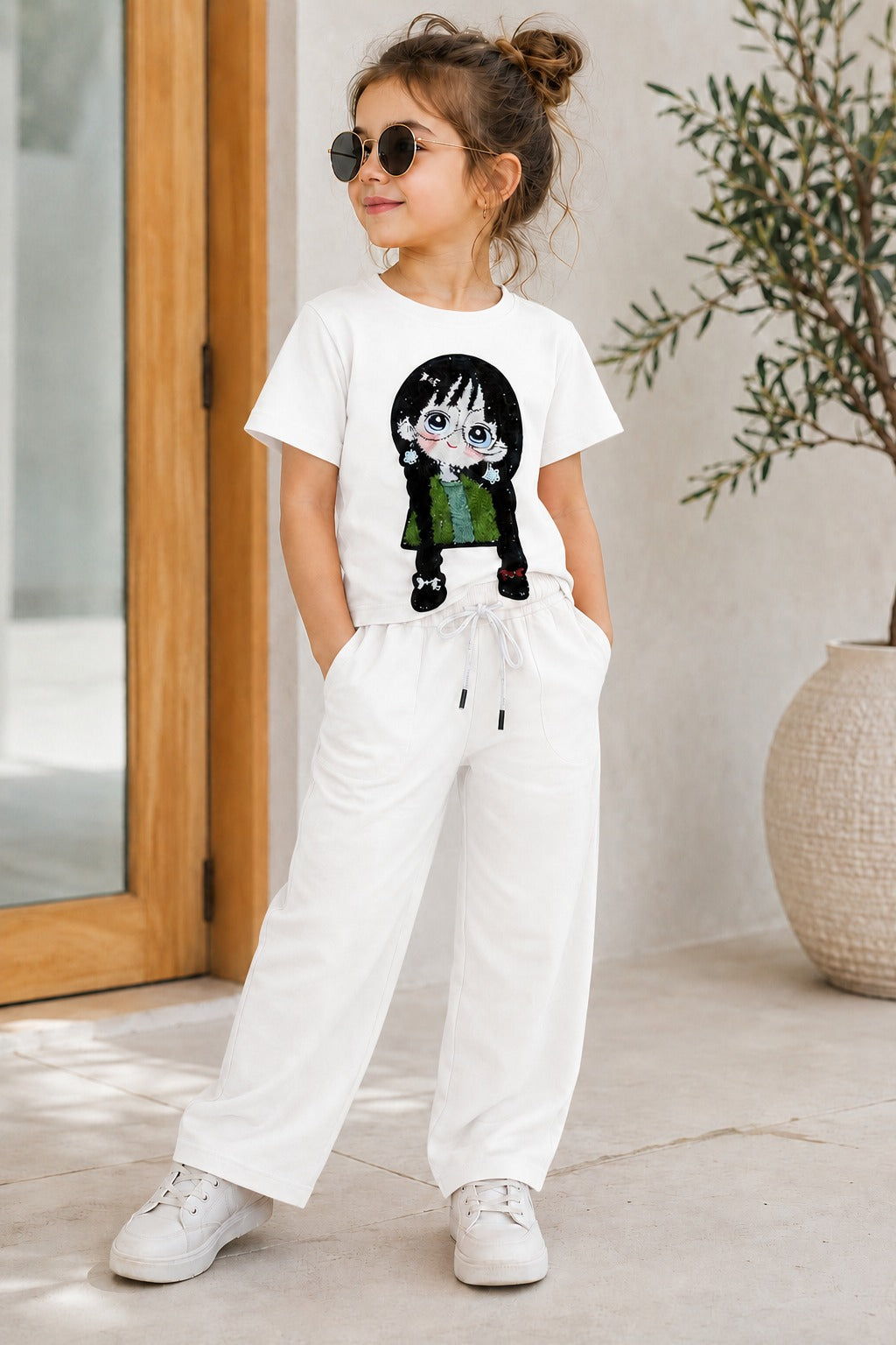 Girls White Cartoon Applique Co-Ord Set [GCS-1E-5621] (4-12 Years)