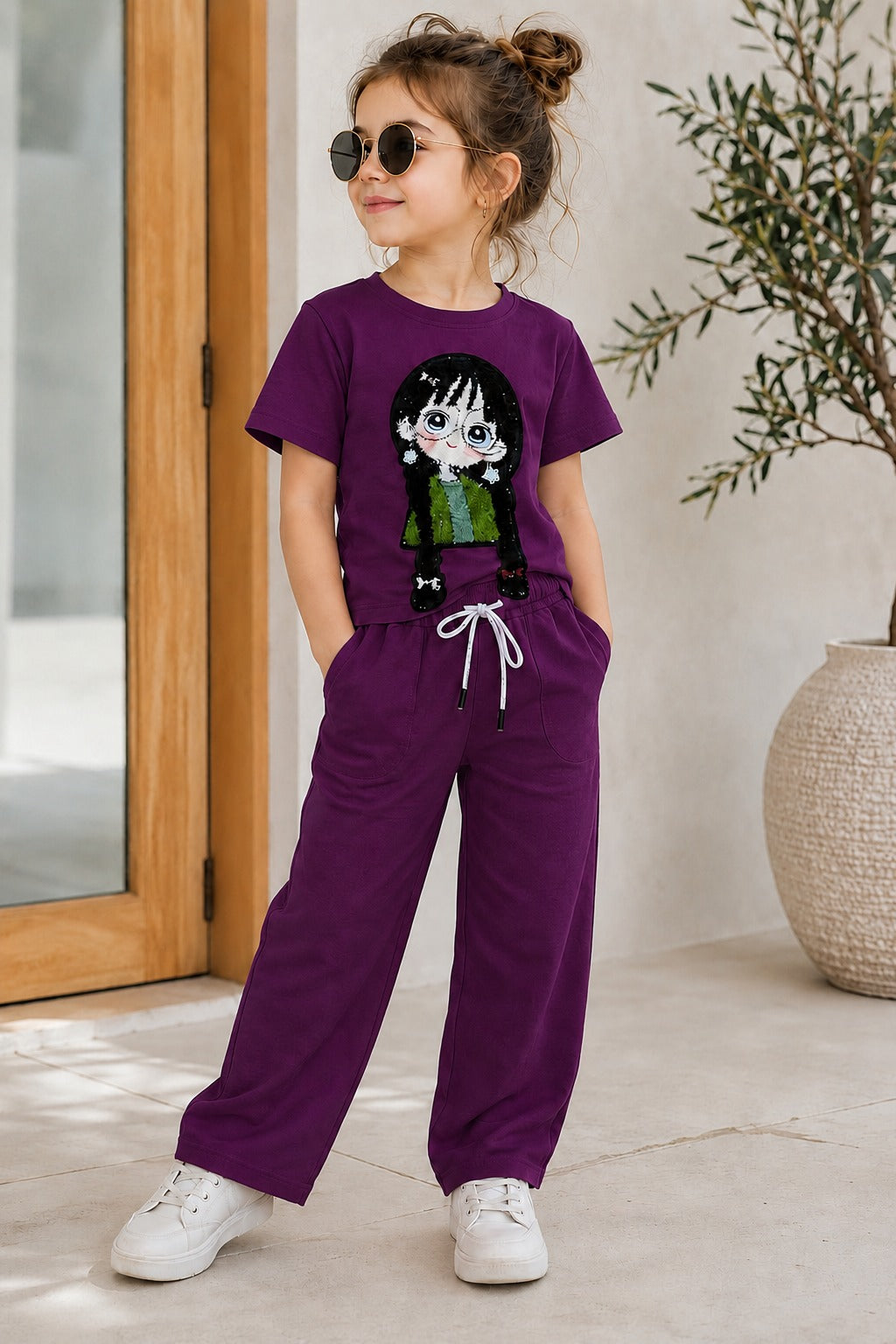 Girls Wine Cartoon Applique Co-Ord Set [GCS-5E-5711] (4-12 Years)