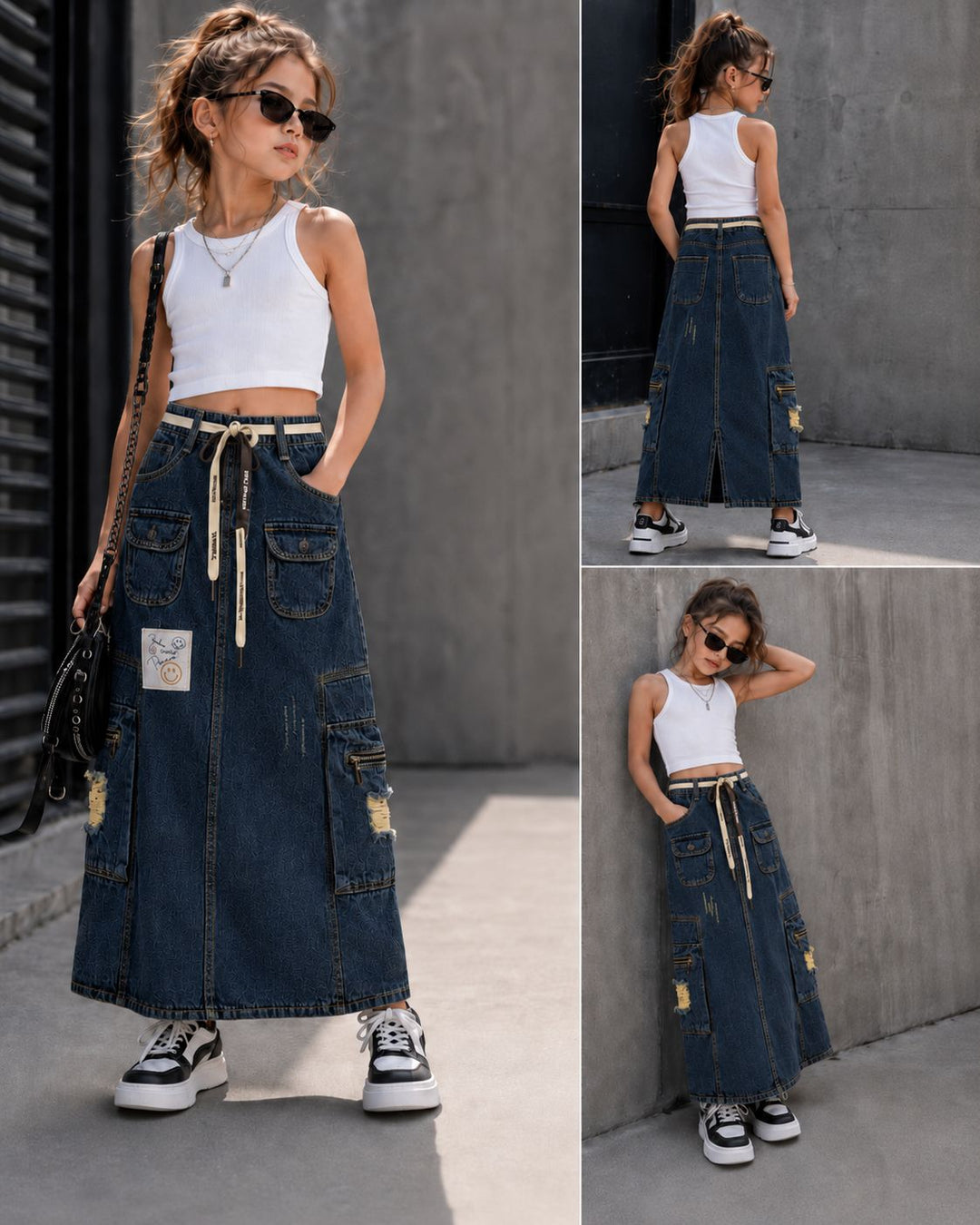 Girls Vintage Utility Cargo Denim Skirt [GS-2B-7660] [4Y-12Years]