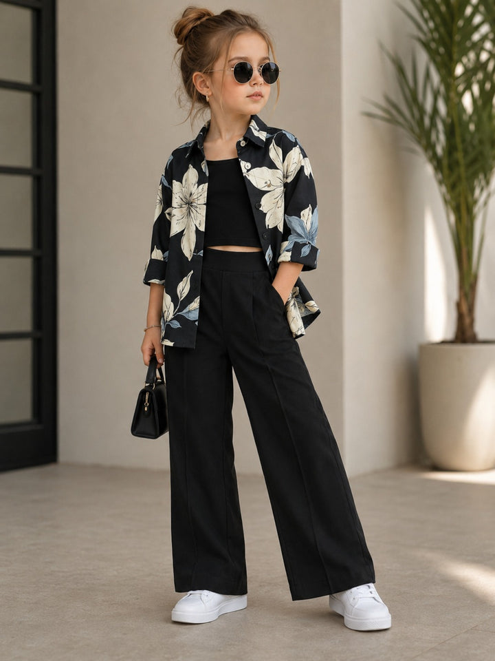 Girls 3 Piece Black Printed Co-Ord Set [GCS-3F-9783] (4-12Years)
