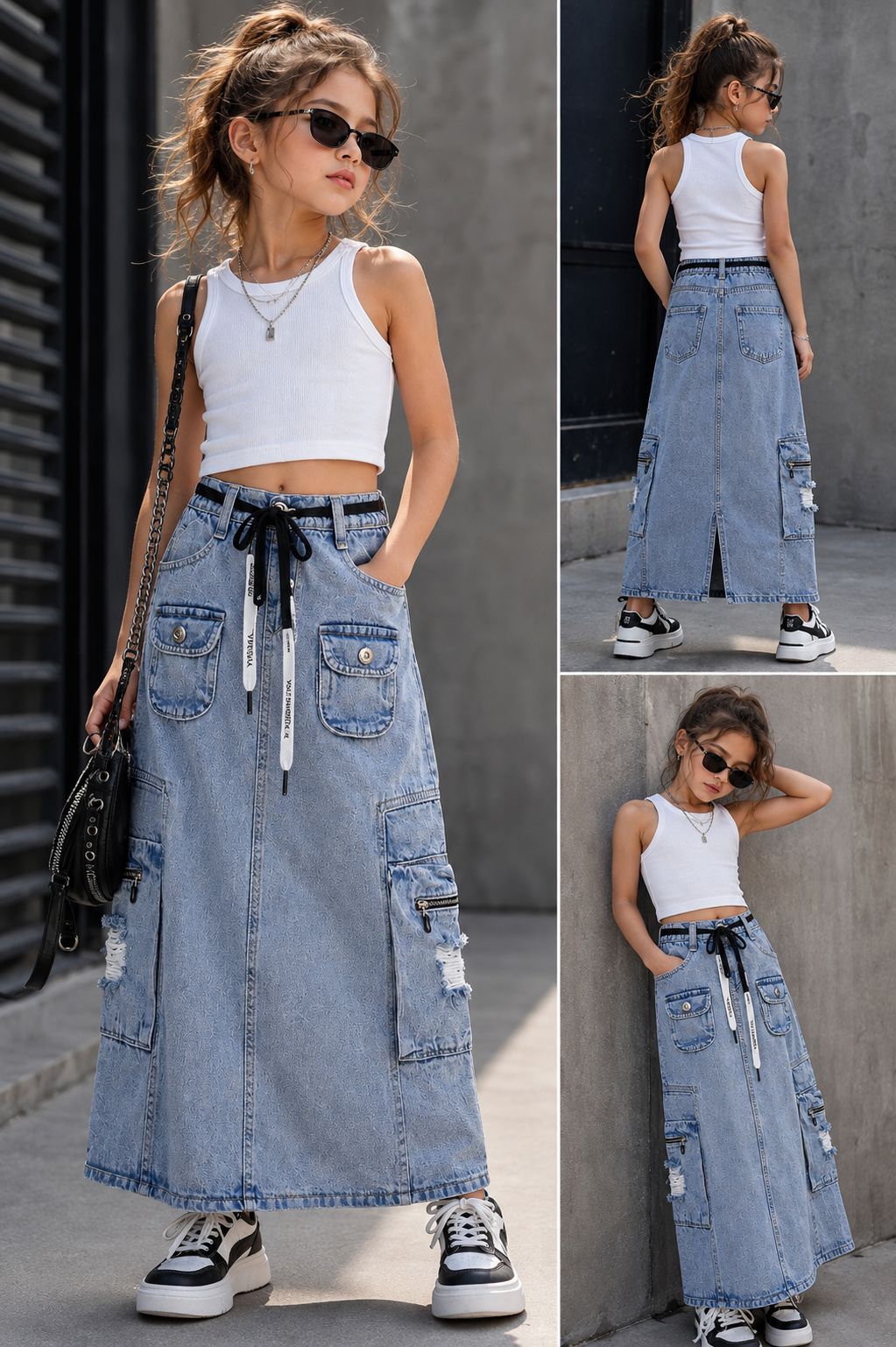 Girls Vintage Utility Cargo Denim Skirt [GS-6K-2003] [4Y-12Years]