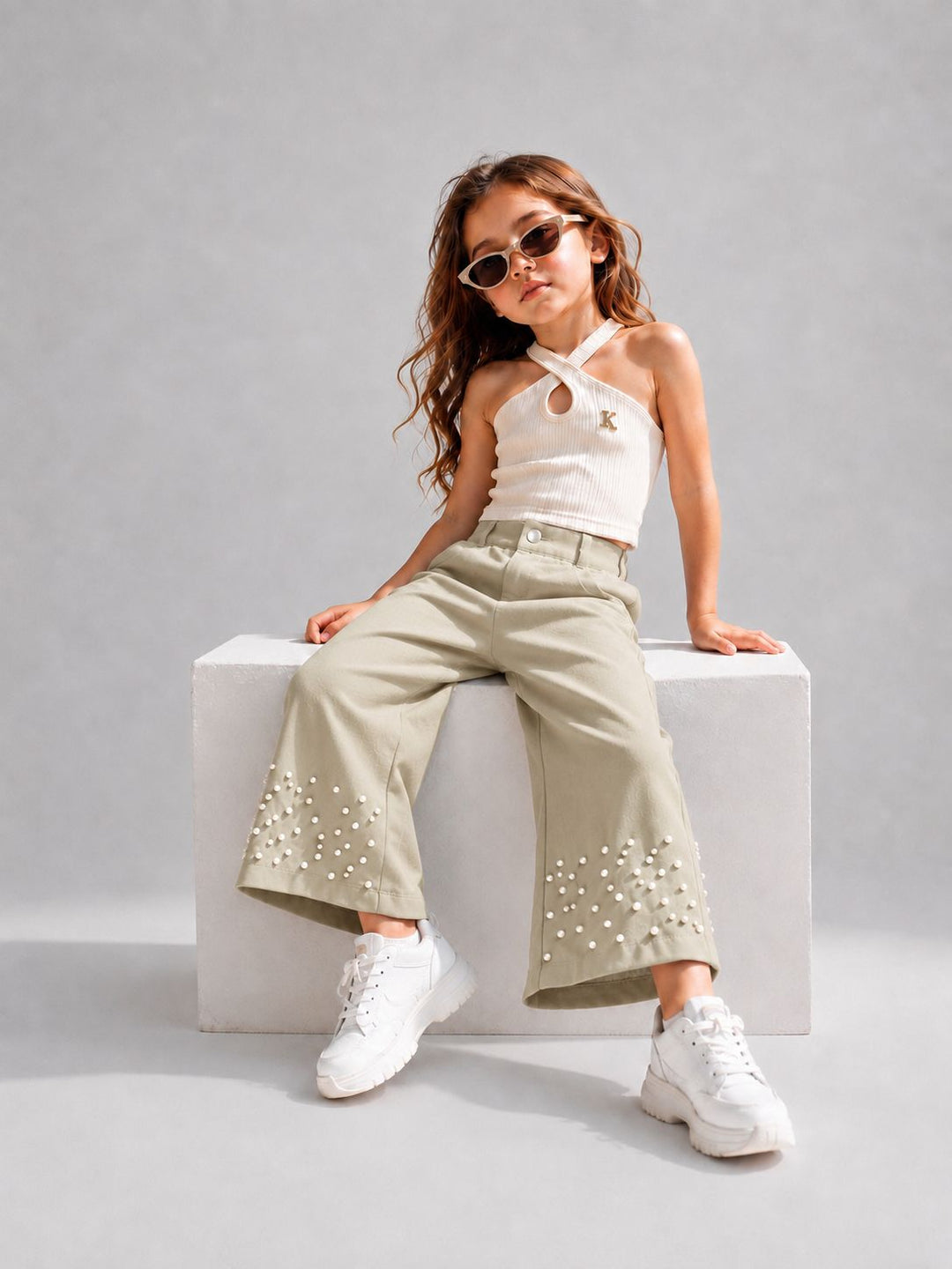 Girls Beige Korean Pearl Embellished Pant [ONLY PANT] [GJ-6D-9456] (4-12Years)