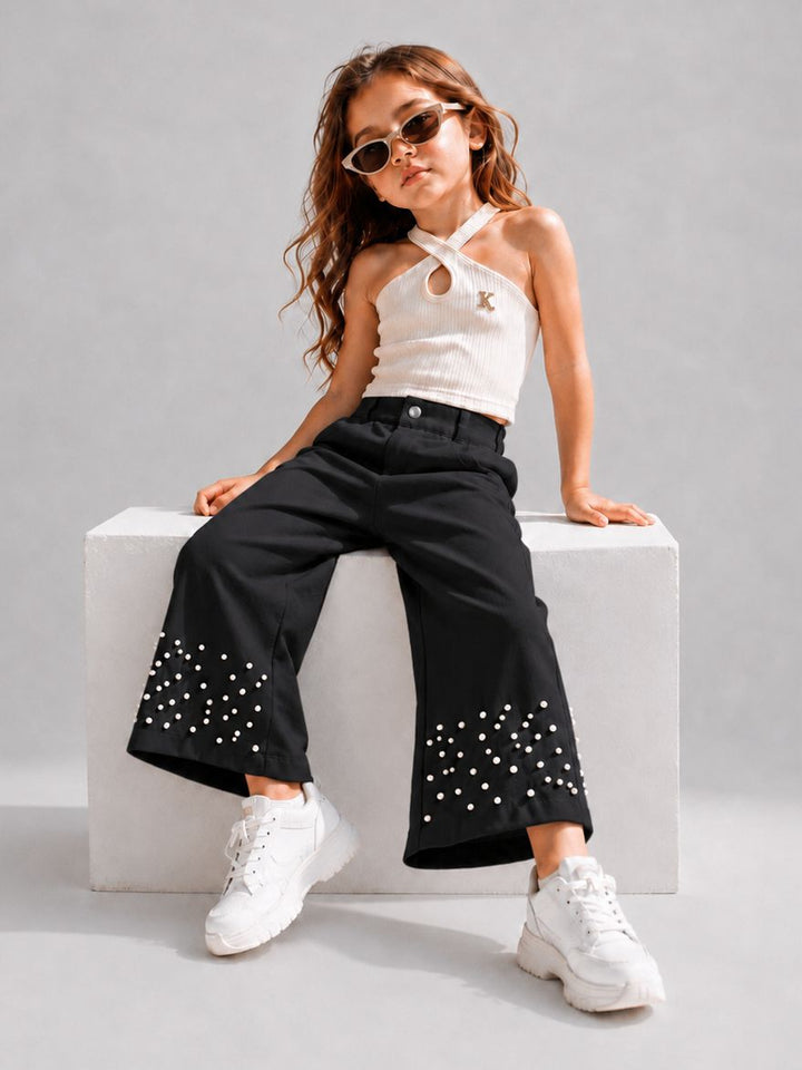 Girls Black Korean Pearl Embellished Pant [ONLY PANT] [GJ-6D-5691] (4-12Years)