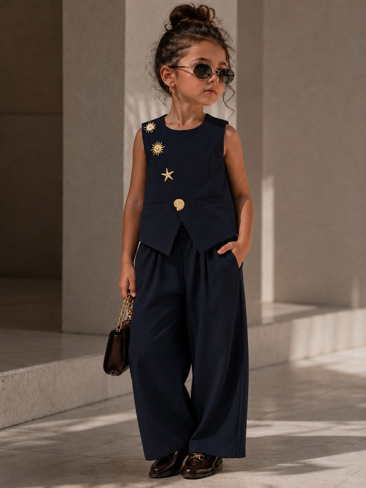 Girls Imported Navy Waist Coat Co-Ord Set [GCS-1D-9994] (4-12Years)