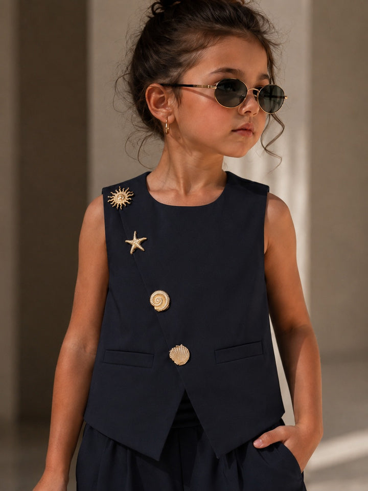 Girls Imported Navy Waist Coat Co-Ord Set [GCS-1D-9994] (4-12Years)