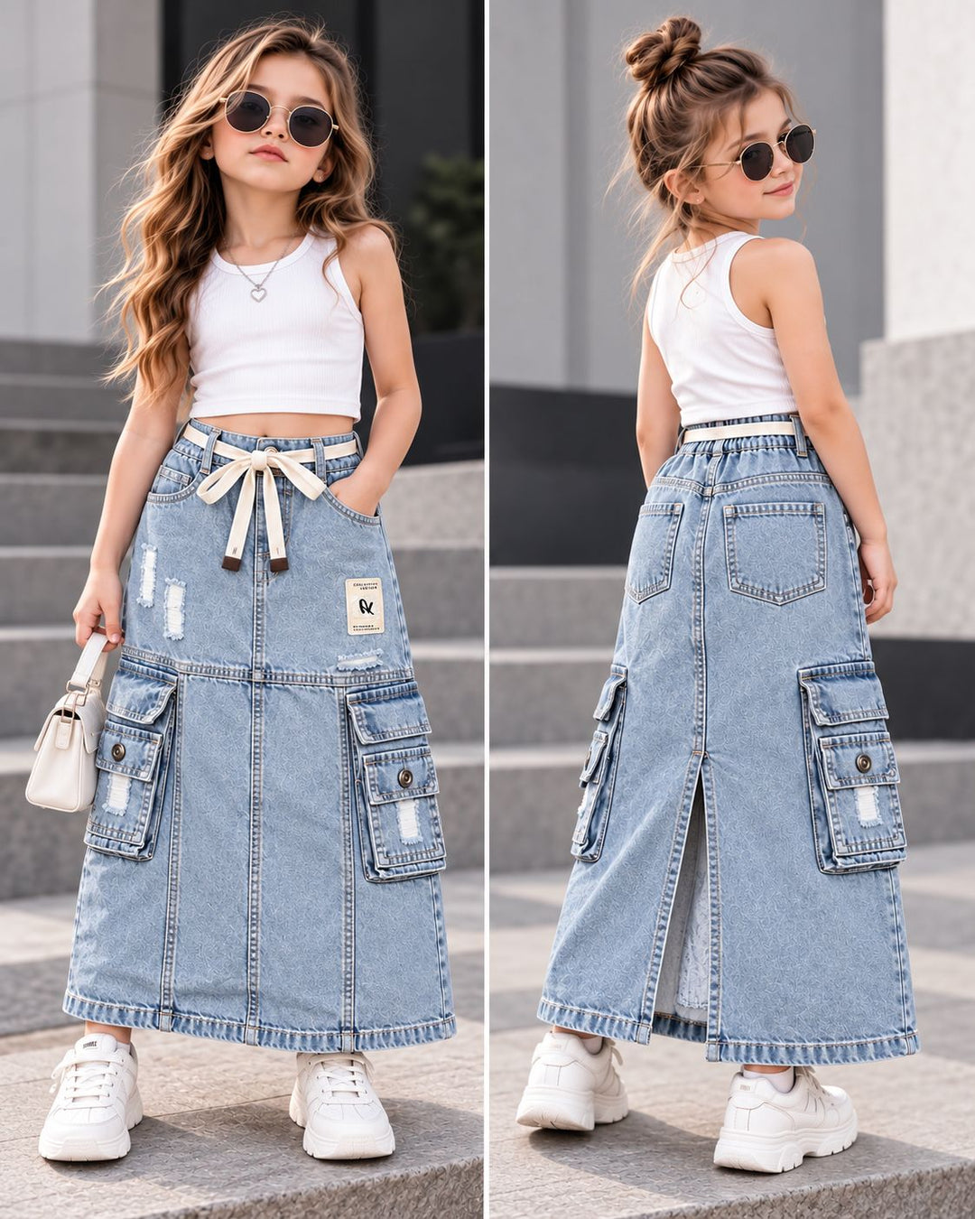 Girls Vintage Utility Cargo Denim Skirt [GS-6E-3471] [4Y-12Years]