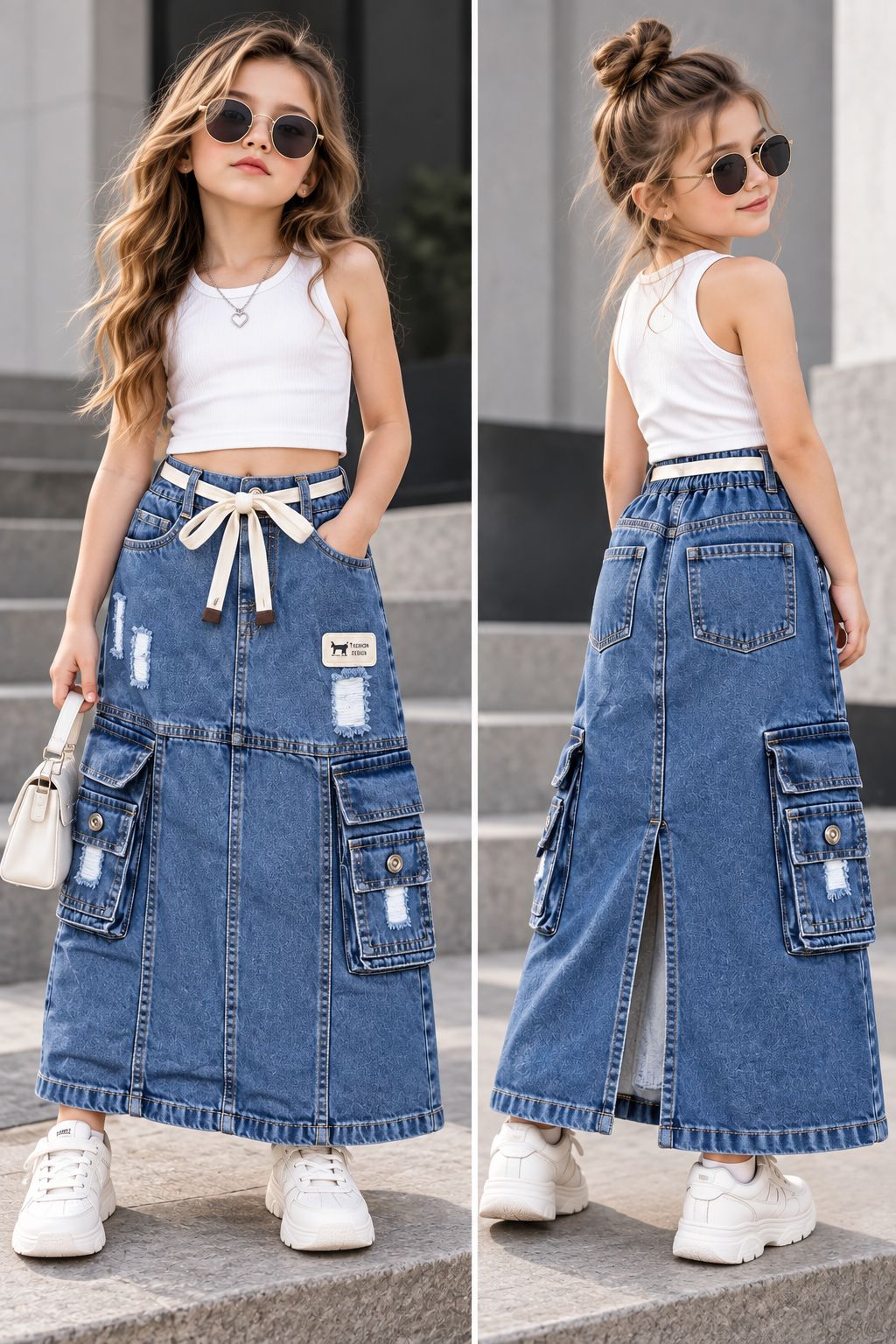 Girls Vintage Utility Cargo Denim Skirt [GS-2C-8127] [4Y-12Years]