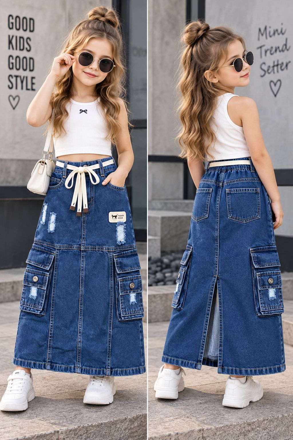 Girls Vintage Utility Cargo Denim Skirt [GS-3E-2848] [4Y-12Years]