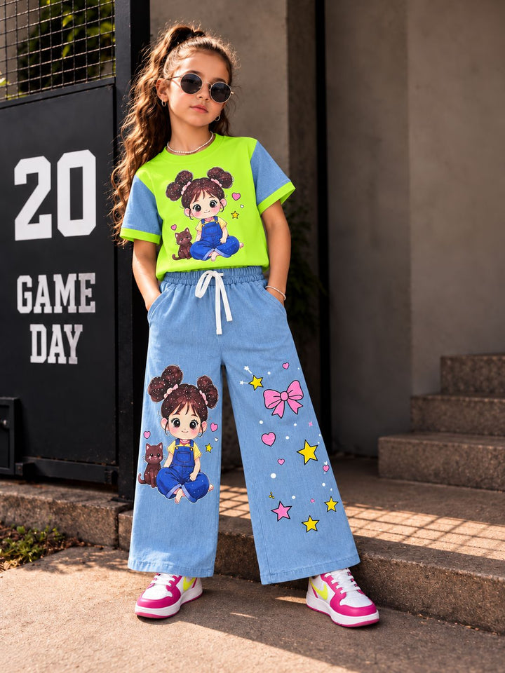 Girl's Neon Green Cartoon Denim Co-Ord Set [GCS-1H-7415] (3-12 Years)