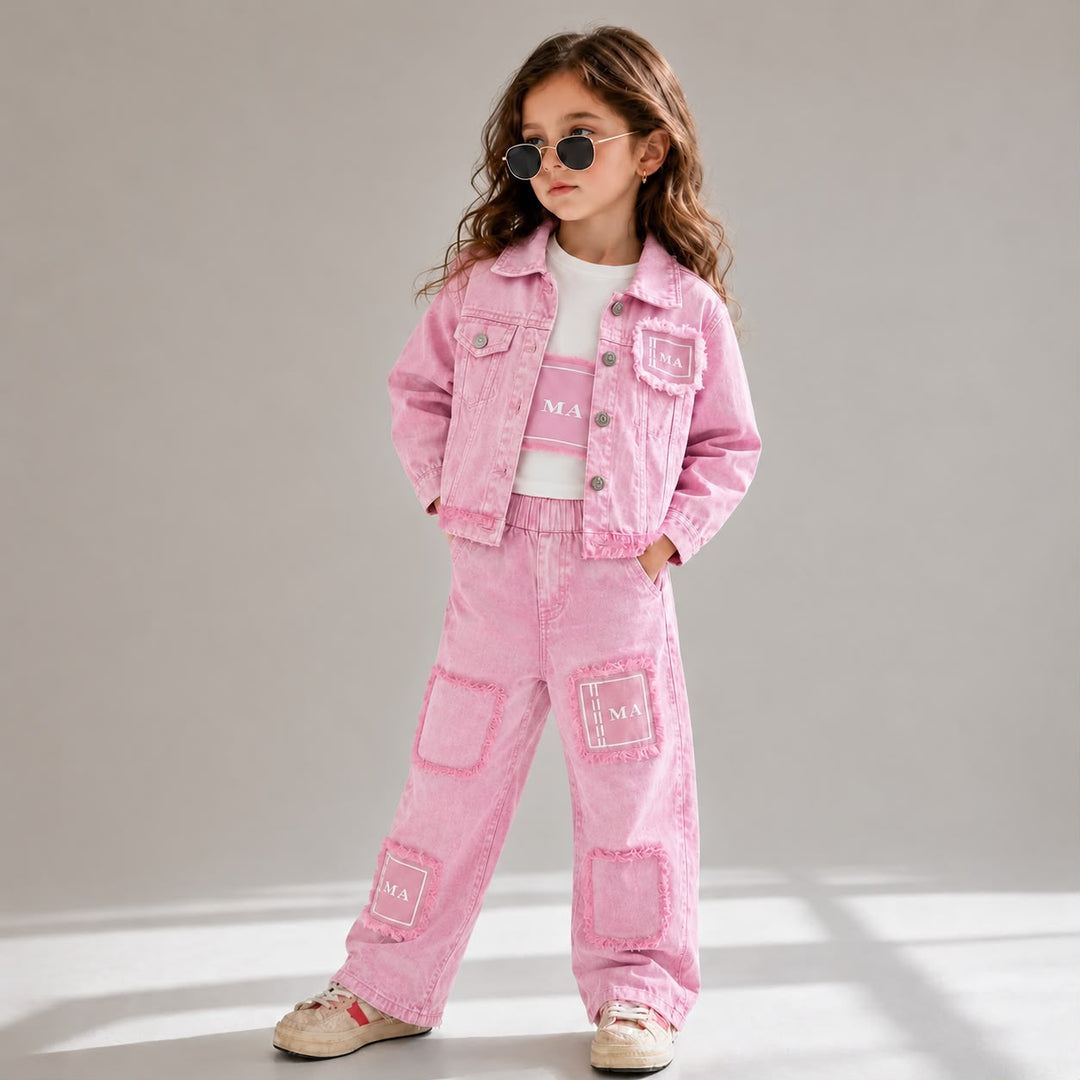 Girls Pink Denim Co-Ord Set [GCS-3J-5057] (1-12Years)