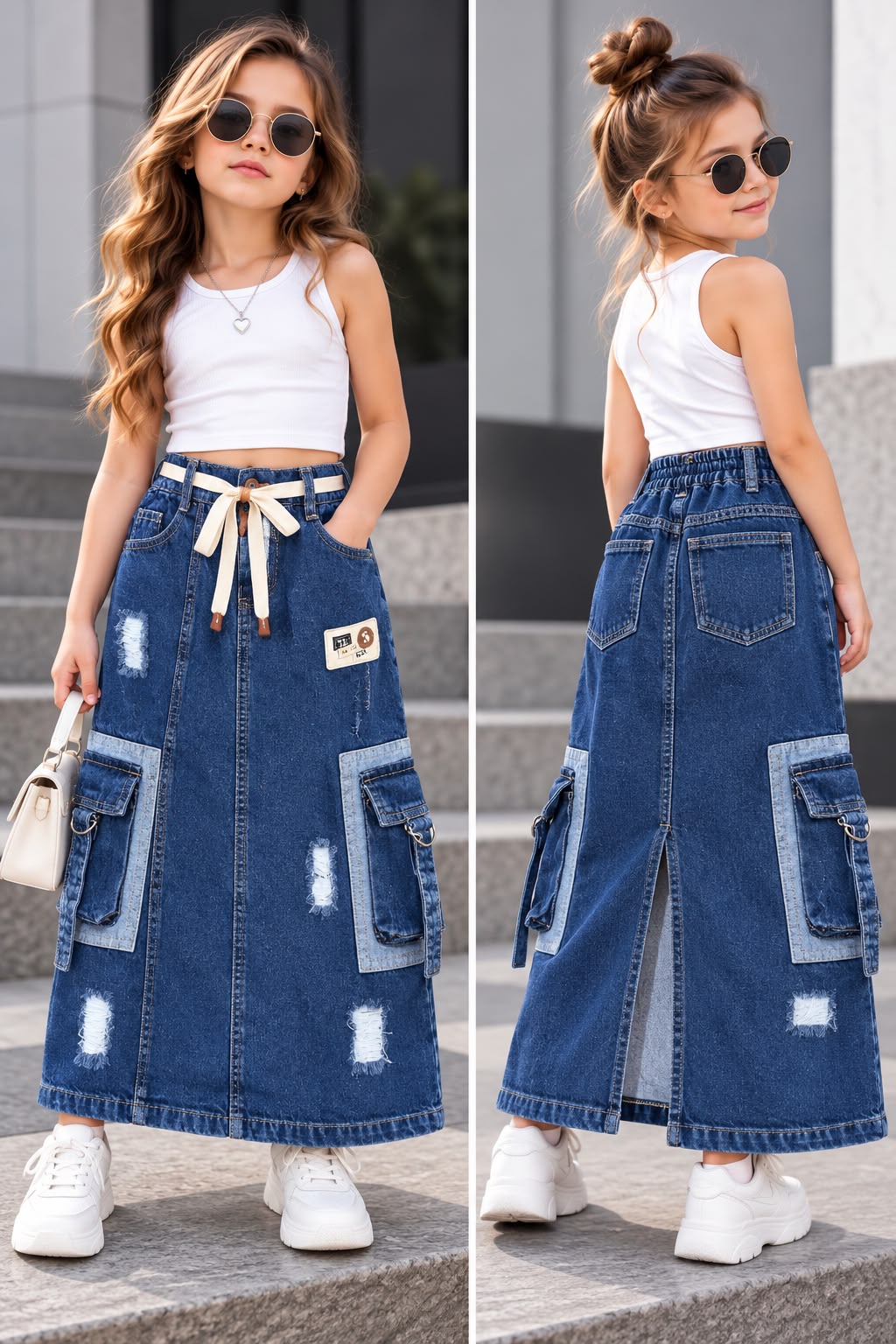 Girls Vintage Utility Cargo Denim Skirt [GS-5F-7412] [4Y-12Years]