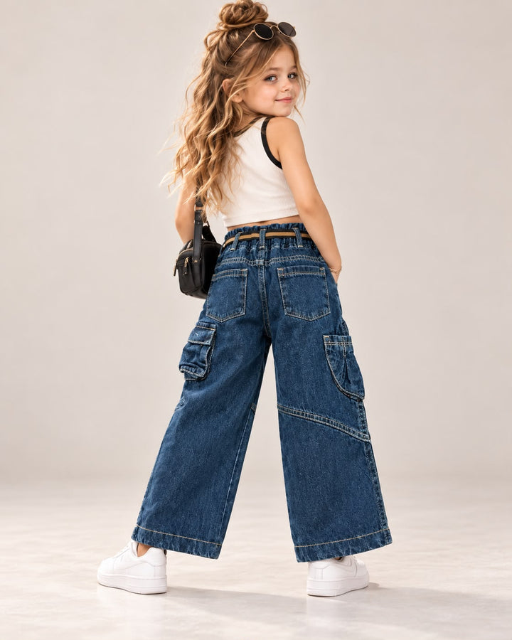 Girl’s 7 Pocket Dusty Blue Cargo Utility Denim Jeans (Only Jeans) [GJ-2F-3798] (1Y-13Years)