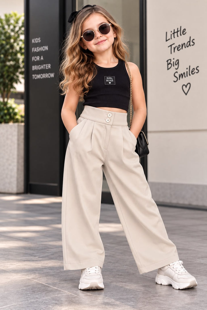 Girls Double Button Beige Korean Pant [ONLY PANT] [GJ-1D-3684] (4-12Years)