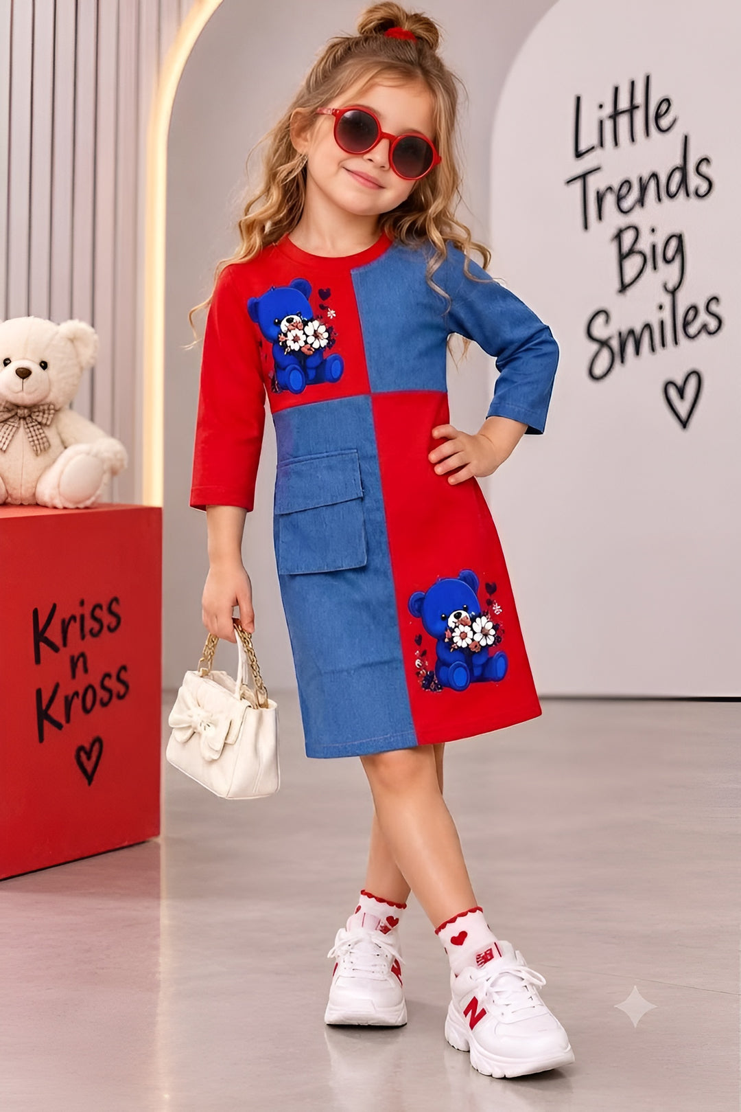 Girls Bloom Bear Colorblock Red Denim Dress [GD-2G-5454] (4-12 Years)