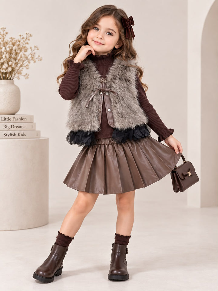 Girl's Imported 3 Piece Brown Winter Co-Ord Set [GCS-3E-2479] [2- 7Years]