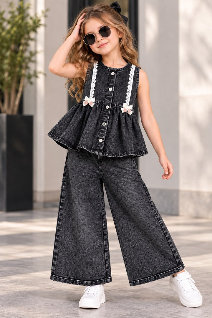 Girl's 3 Piece Black Denim Co-Ord Set Set [GCS-2C-3560] (4-12Years)