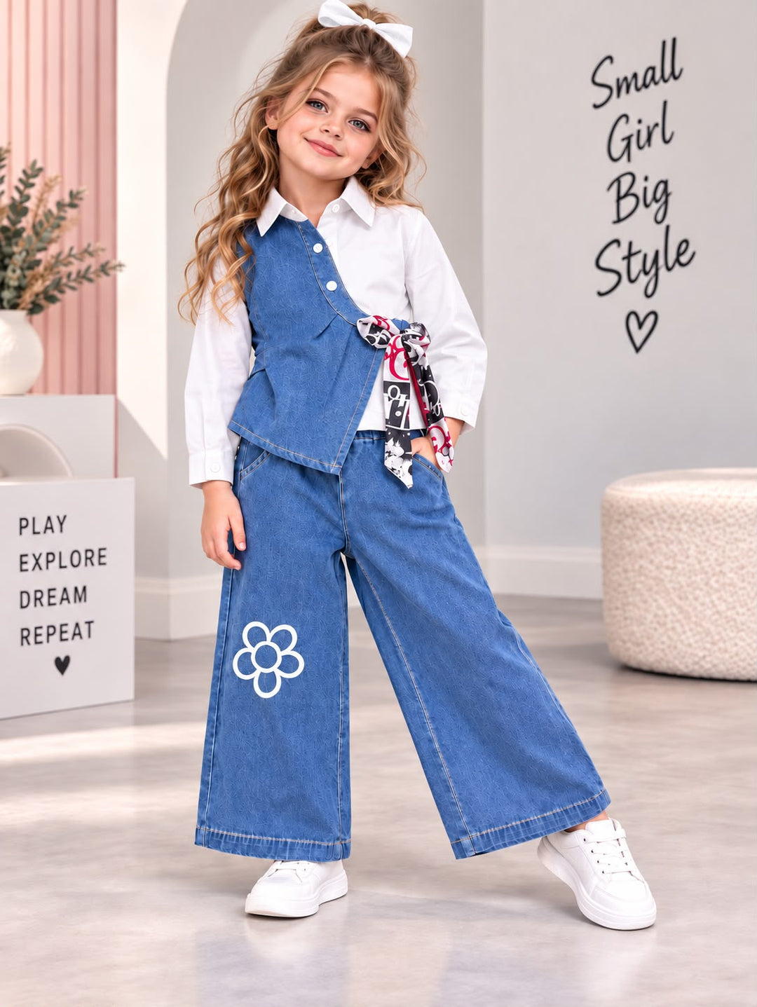 Girls Bloom Tie-Up White Denim Co-Ord Set [GCS-3G-6952] (4-12Years)