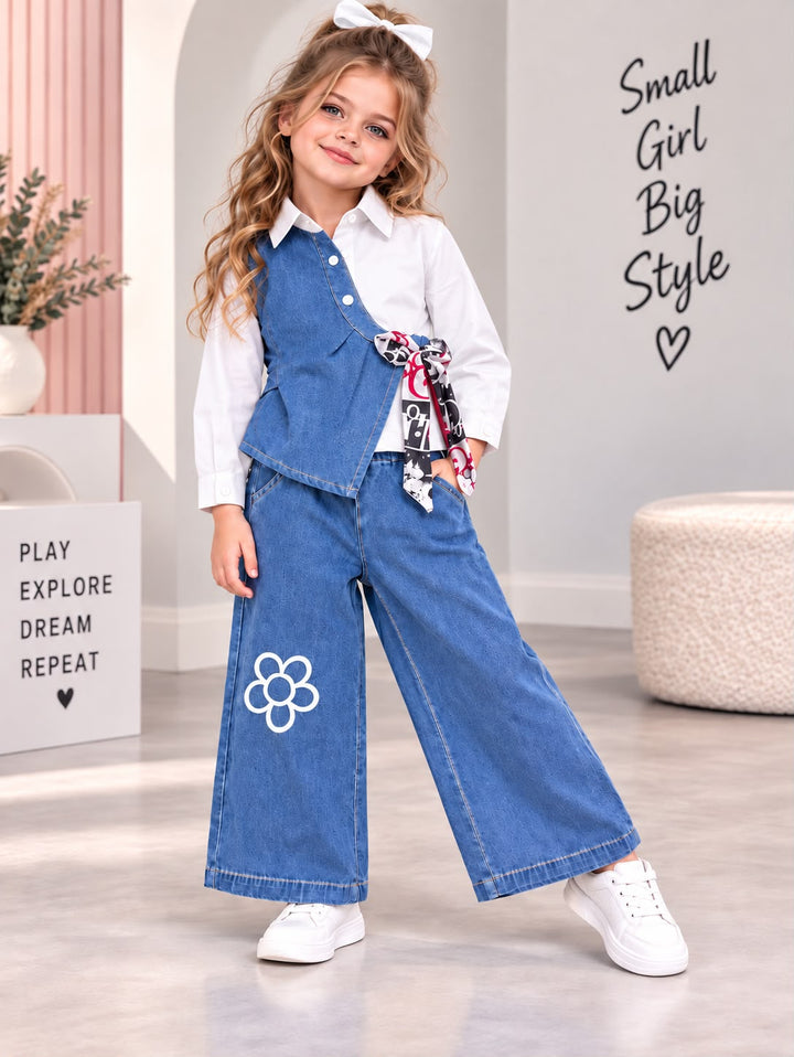 Girls Bloom Tie-Up White Denim Co-Ord Set [GCS-3G-6952] (4-12Years)
