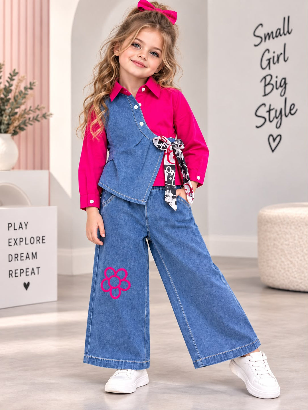 Girls Bloom Tie-Up Hot Pink Denim Co-Ord Set [GCS-3C-7599] (4-12Years)