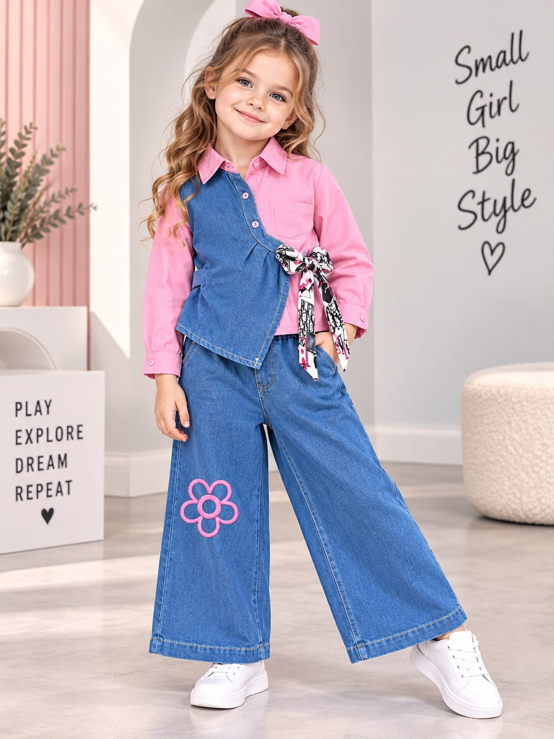 Girls Bloom Tie-Up Pink Denim Co-Ord Set [GCS-6G-3341] (4-12Years)