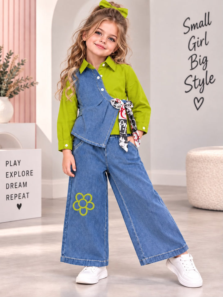 Girls Bloom Tie-Up Green Denim Co-Ord Set [GCS-6E-2587] (4-12Years)