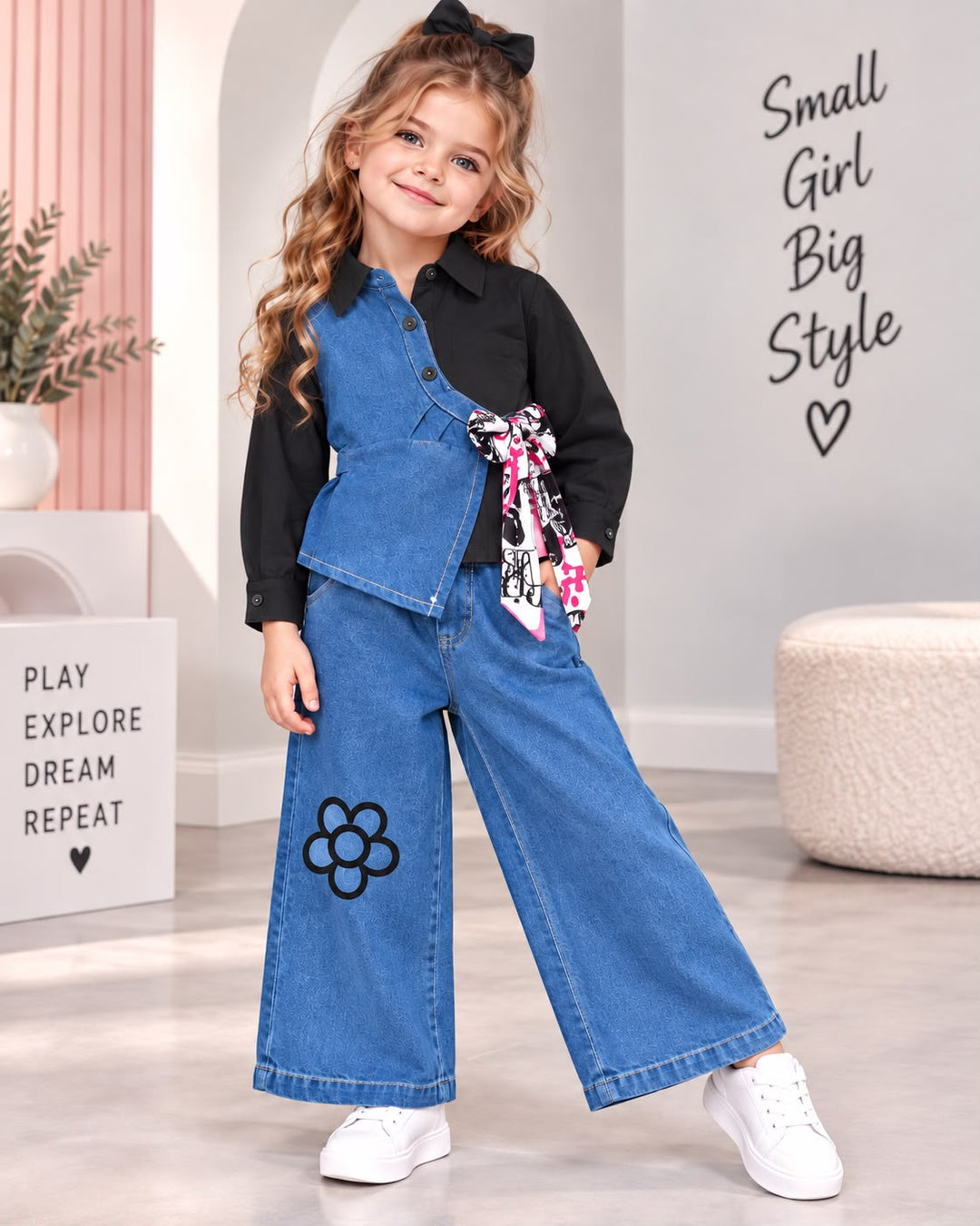 Girls Bloom Tie-Up Black Denim Co-Ord Set [GCS-6J-1581] (4-12Years)