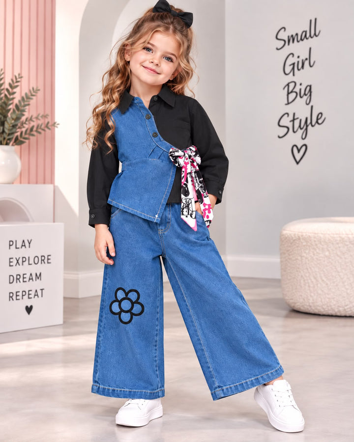 Girls Bloom Tie-Up Black Denim Co-Ord Set [GCS-6J-1581] (4-12Years)