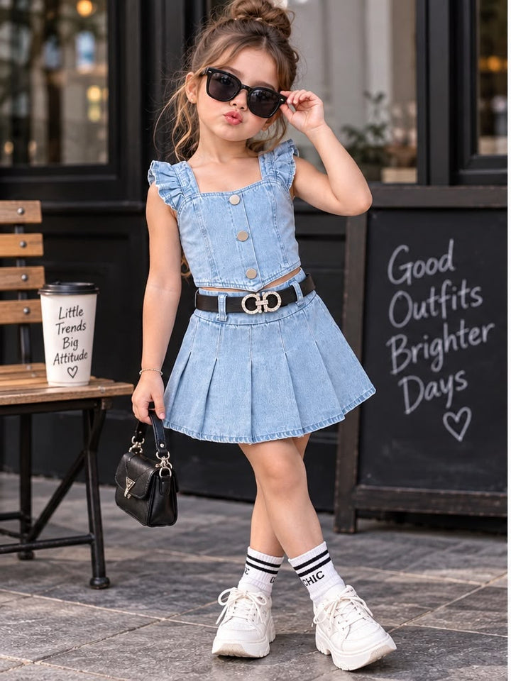 Girls Light Blue Denim Co-Ord Set With Leather Belt [GCS-5G-6956] (4-12 Years)