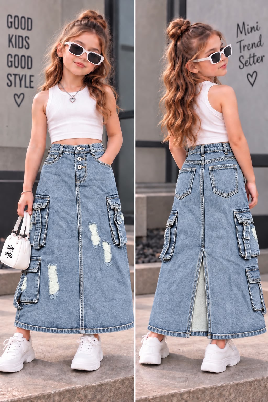 Girls Vintage Utility Cargo Denim Skirt [GS-2E-1452] [4Y-12Years]