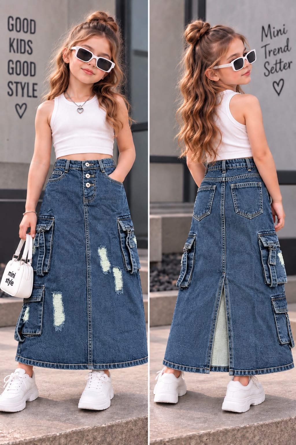 Girls Vintage Utility Cargo Denim Skirt [GS-1C-2334] [4Y-12Years]