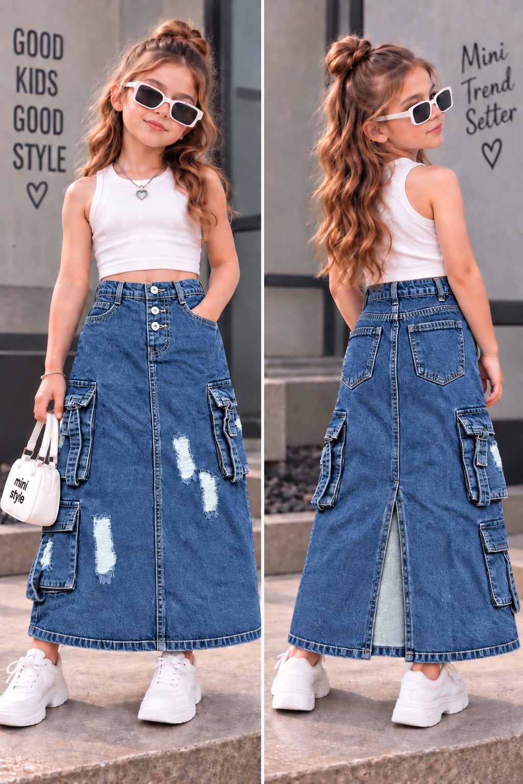 Girls Vintage Utility Cargo Denim Skirt [GS-3A-4124] [4Y-12Years]