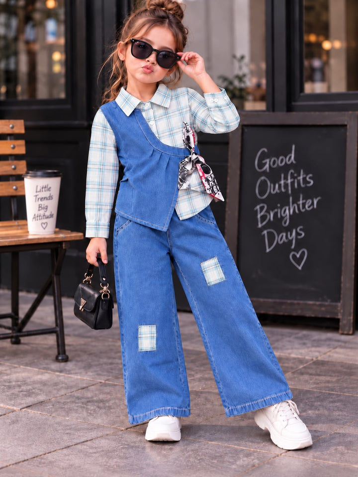 Girls Checkered Tie-Up Denim Co-Ord Set [GCS-1F-4996] (4-12Years)