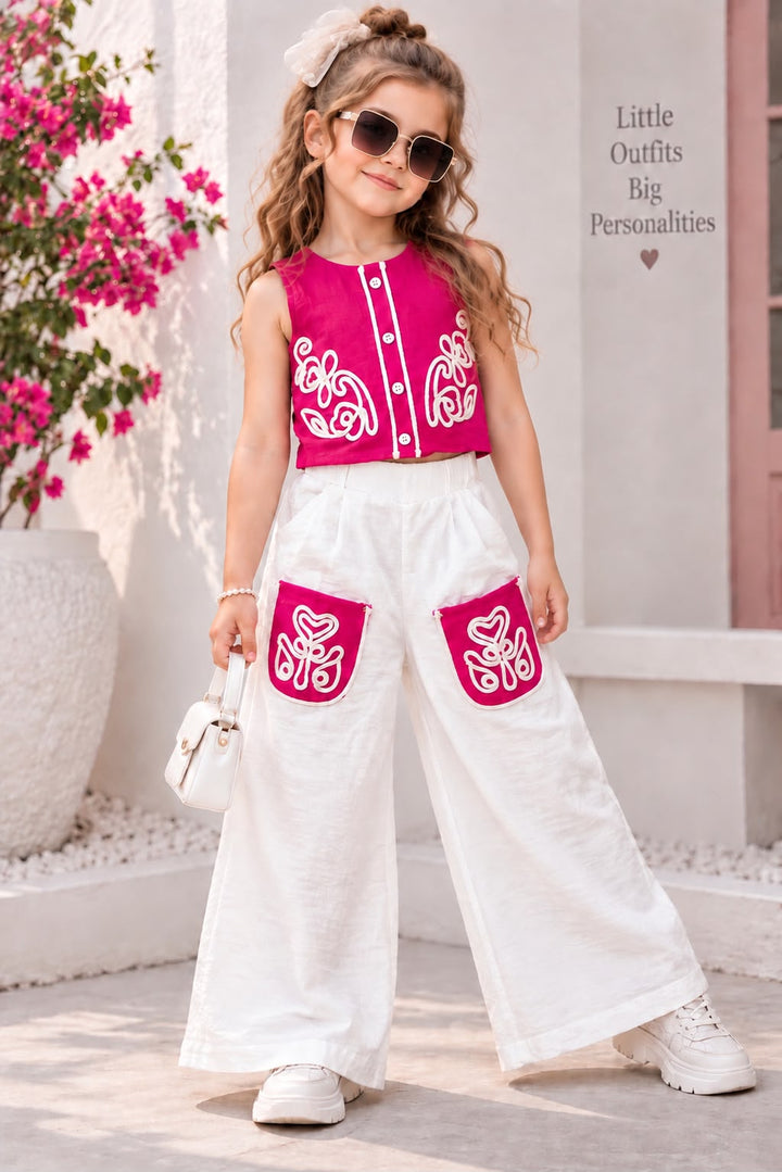 Girls Hot Pink Bloom Embroidered Co-Ord Set [GCS-2K-4966] (4-12 Years)