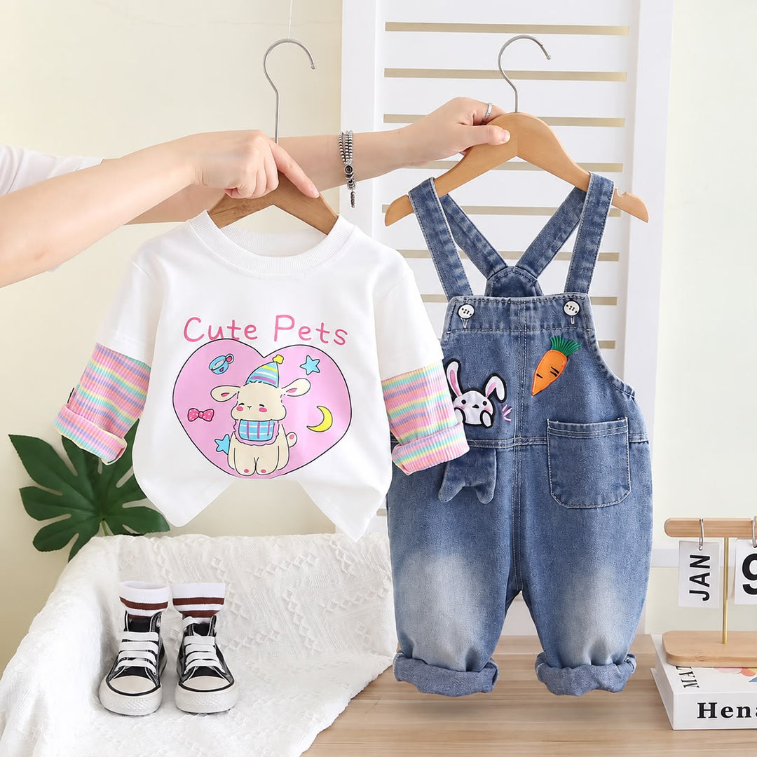 Girls Imported Denim Dungaree With T-Shirt [GD-3D-8520] (1-6Years)