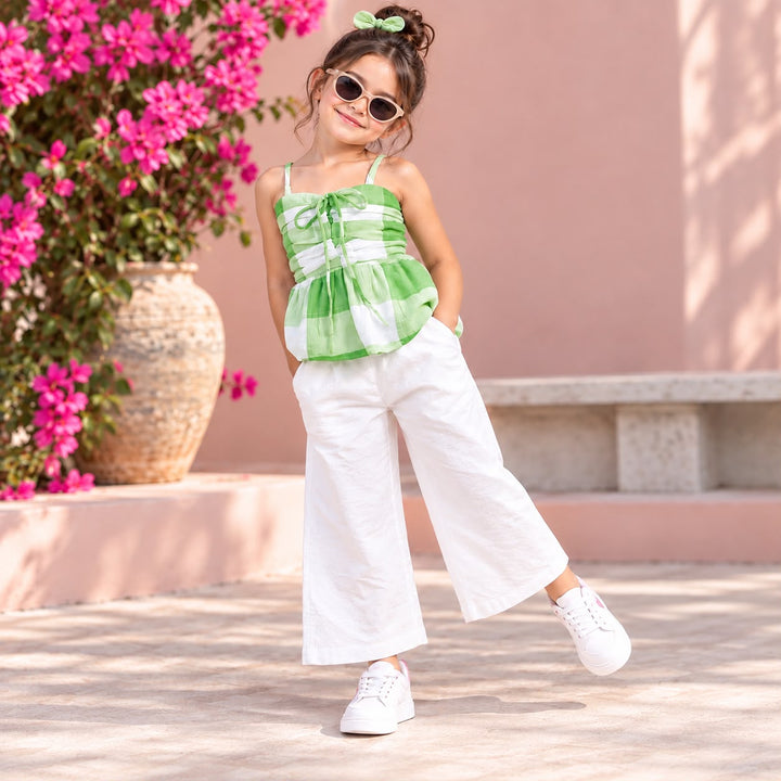 Girl's Green Checkered Peplum Co-Ord Set [GCS-4E-3487] (4-12 Years)