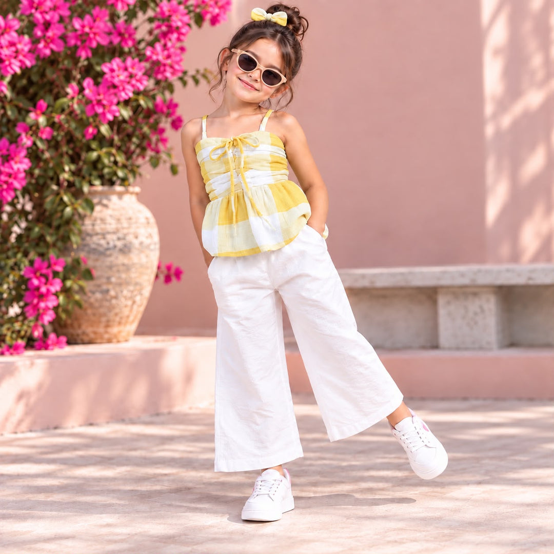Girl's Yellow Checkered Peplum Co-Ord Set [GCS-5F-2741] (4-12 Years)