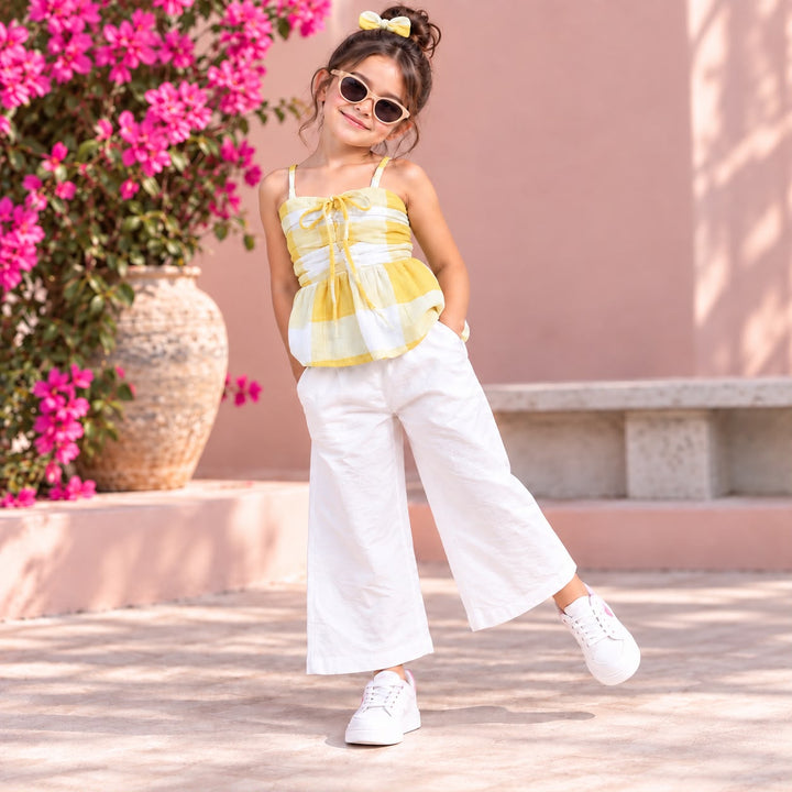 Girl's Yellow Checkered Peplum Co-Ord Set [GCS-5F-2741] (4-12 Years)