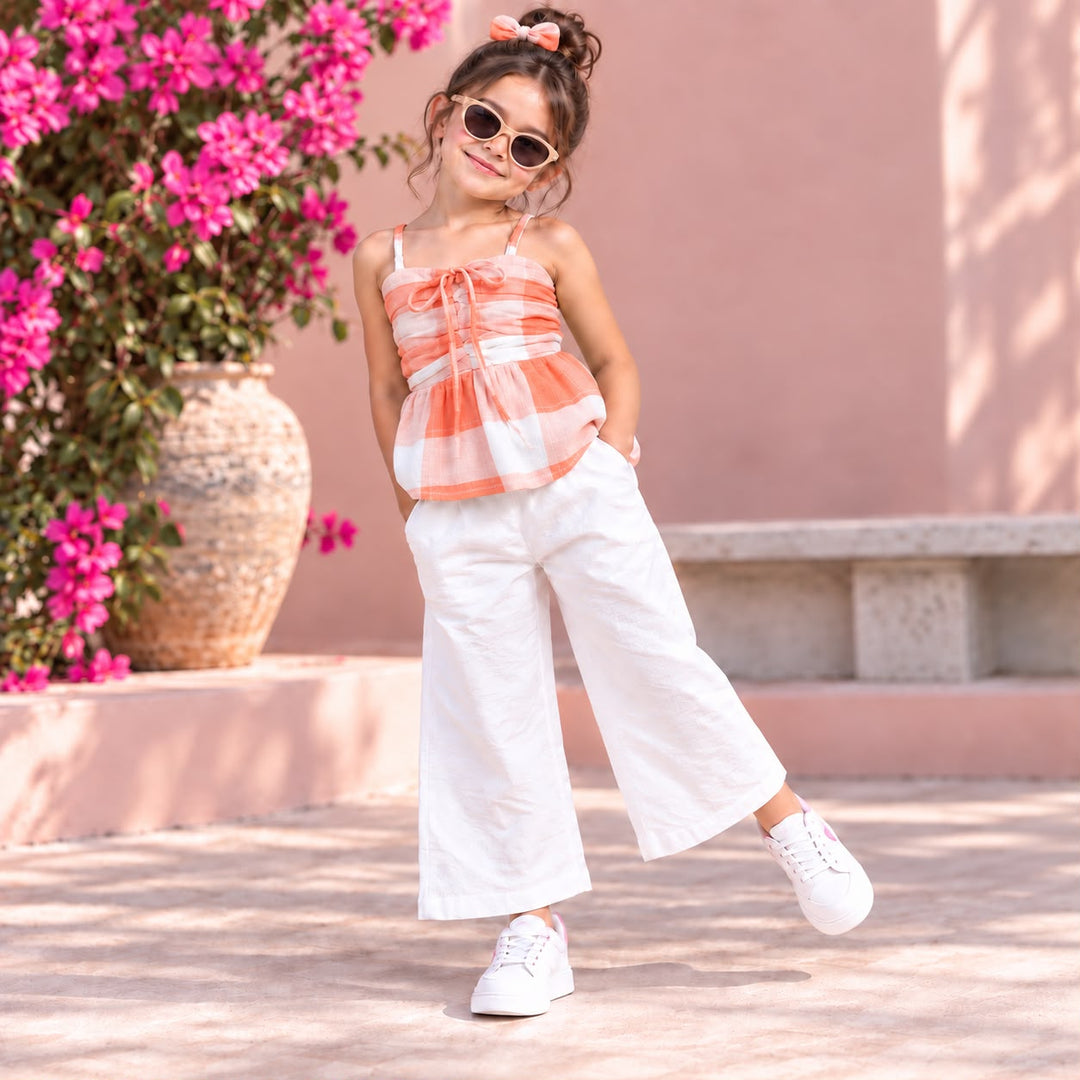 Girl's Orange Checkered Peplum Co-Ord Set [GCS-1C-7568] (4-12 Years)