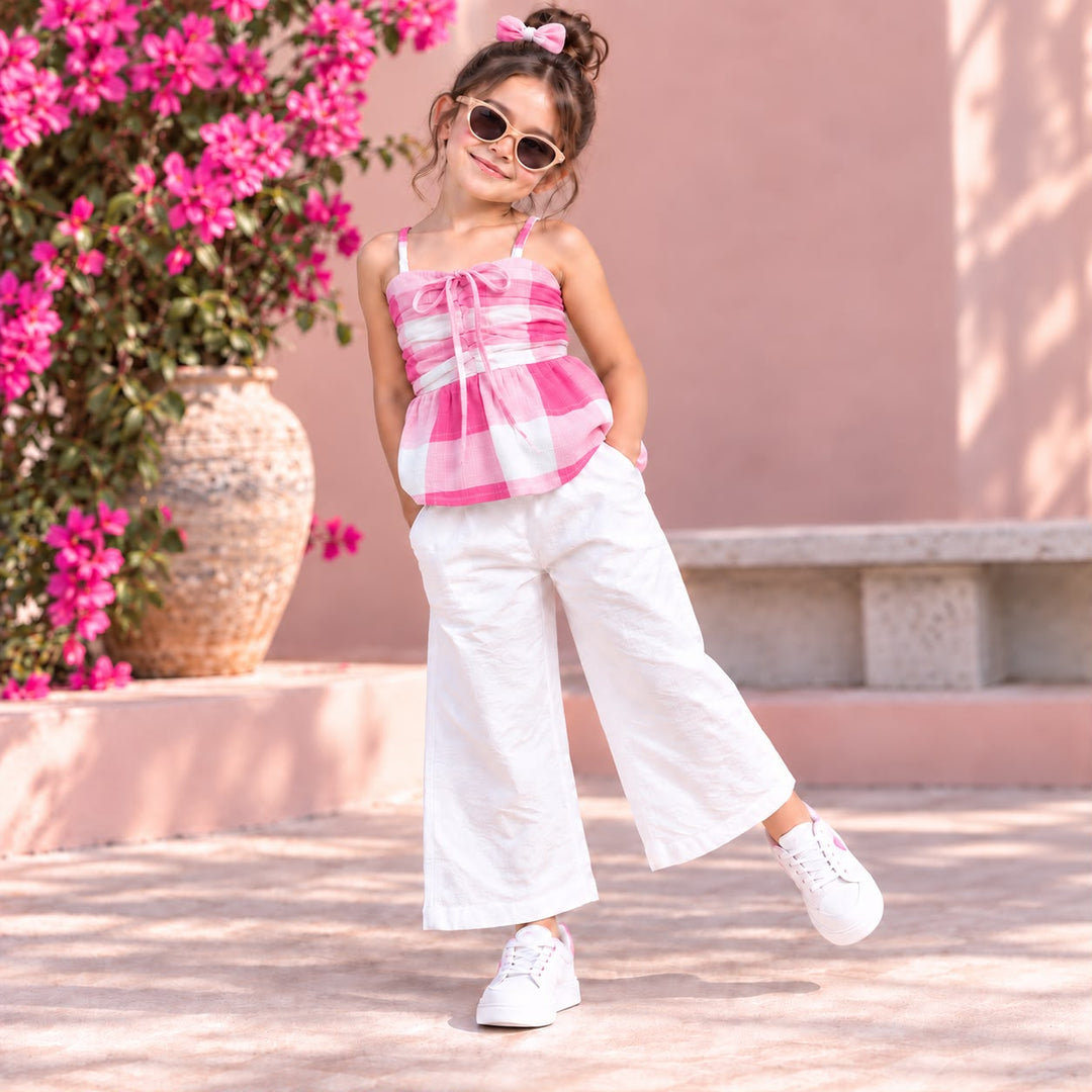 Girl's Pink Checkered Peplum Co-Ord Set [GCS-3J-1451] (4-12 Years)