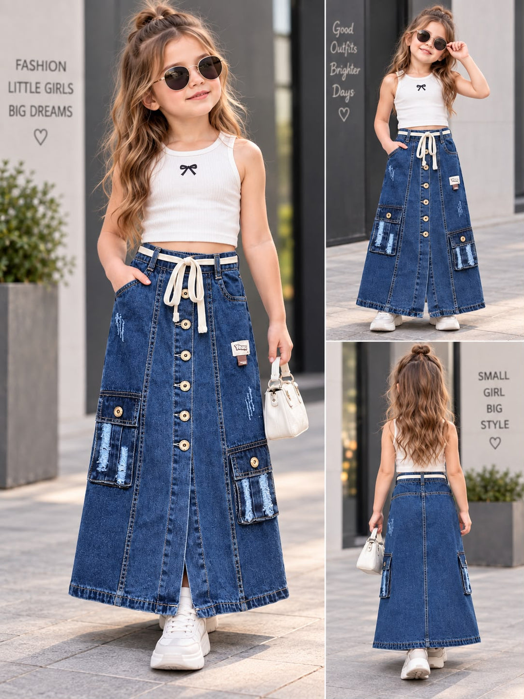 Girls Vintage Utility Cargo Denim Skirt [GS-6F-3415] [4Y-12Years]